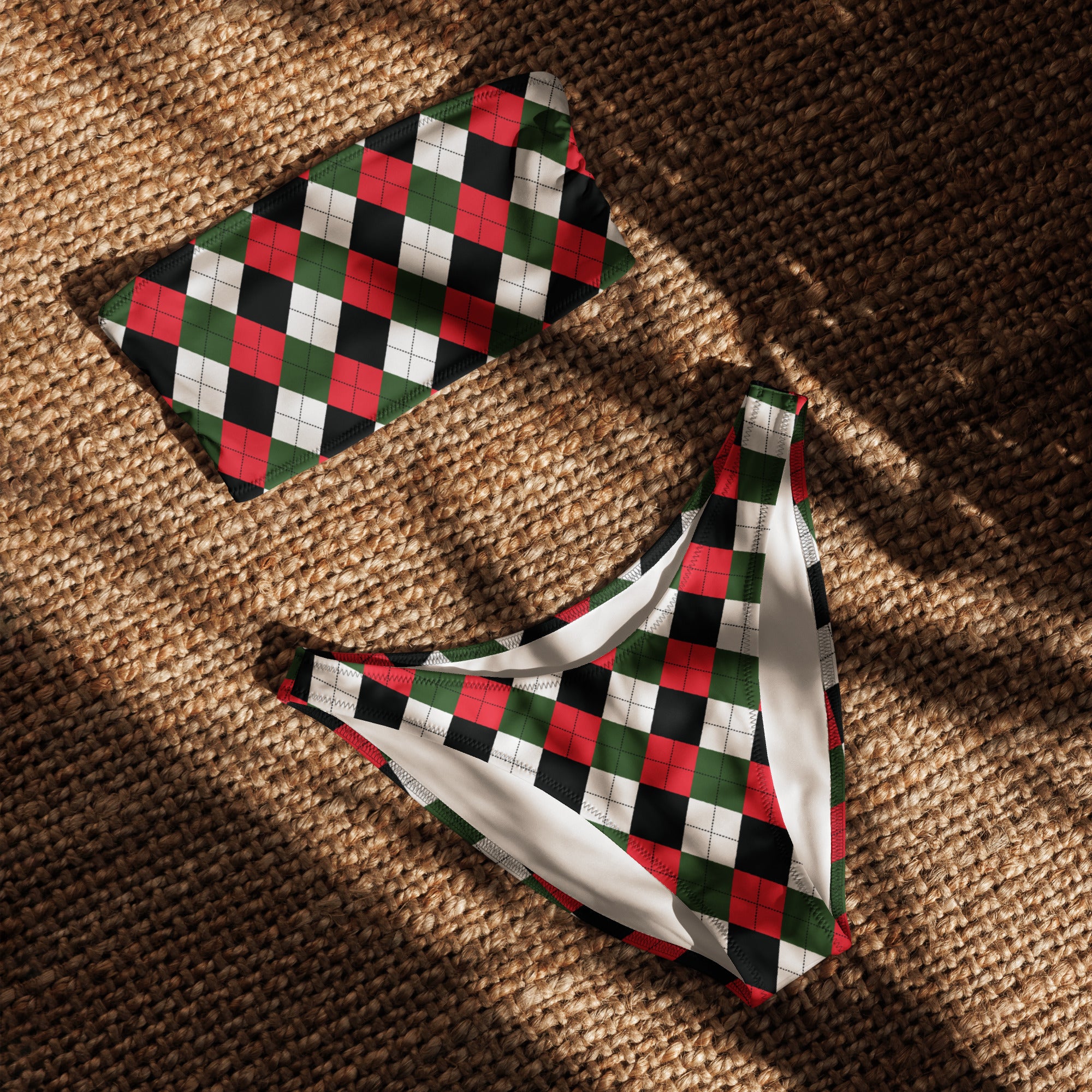 Women's Christmas Argyle Recycled Bandeau Bikini - Quick Drying Fabric With UPF 50+