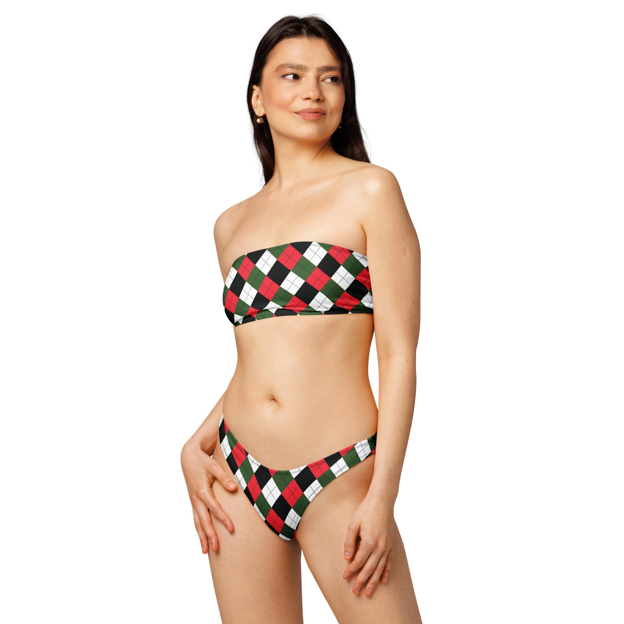 Women's Christmas Argyle Recycled Bandeau Bikini - Quick Drying Fabric With UPF 50+