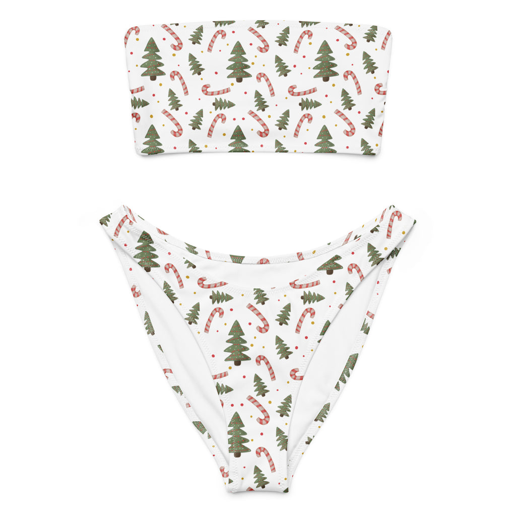 Women's Christmas Trees & Candy Canes Recycled Bandeau Bikini - Quick Drying Fabric With UPF 50+