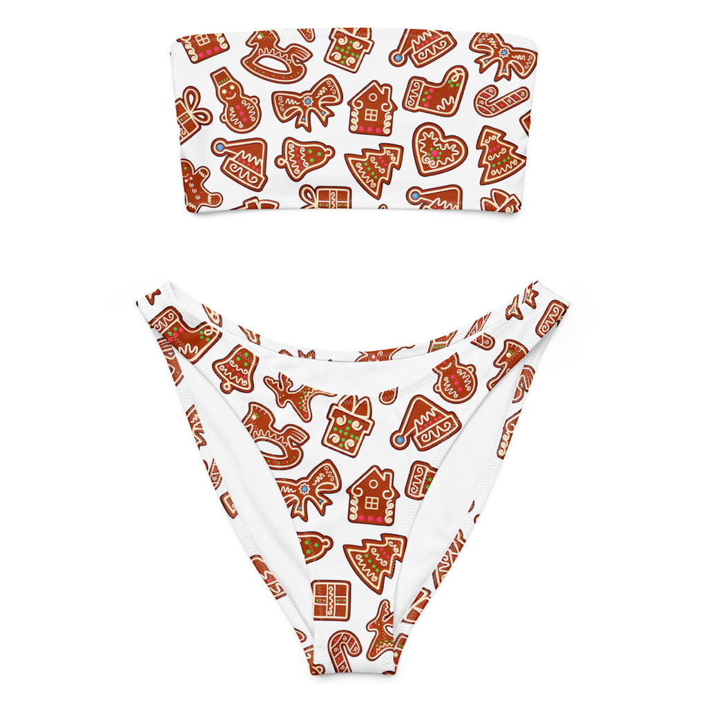 Women's White Gingerbread Canes Recycled Bandeau Bikini - Quick Drying Fabric With UPF 50+