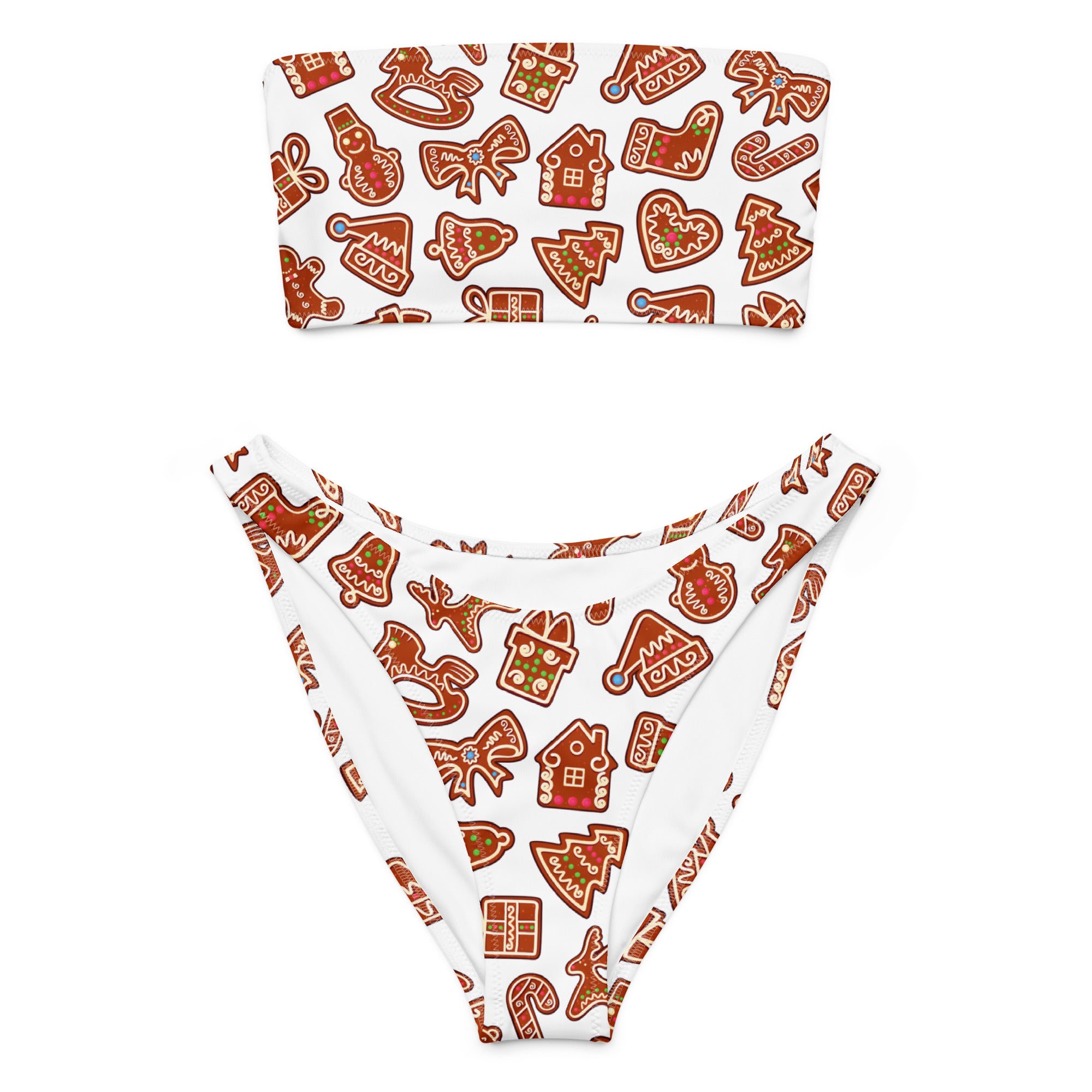 Women's White Gingerbread Canes Recycled Bandeau Bikini - Quick Drying Fabric With UPF 50+