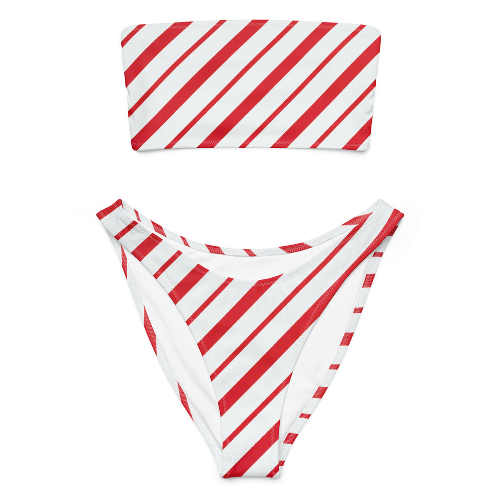 Women's Candy Cane Stripe Recycled Bandeau Bikini - Quick Drying Fabric With UPF 50+