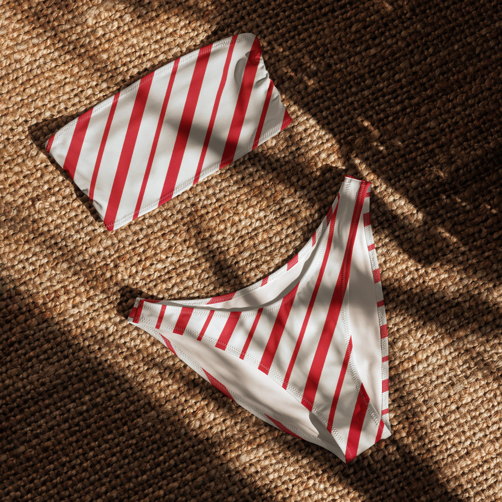 Women's Candy Cane Stripe Recycled Bandeau Bikini - Quick Drying Fabric With UPF 50+