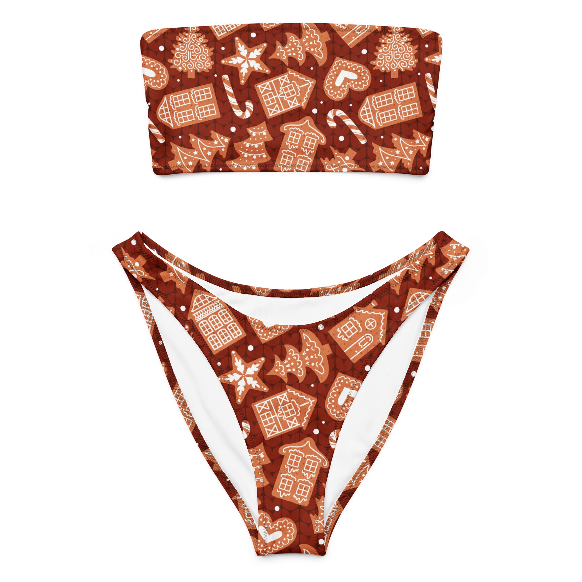 Women's Red Gingerbread Cookies Recycled Bandeau Bikini - Quick Drying Fabric With UPF 50+