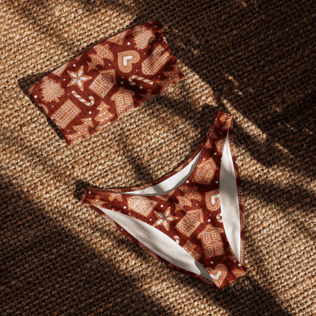 Women's Red Gingerbread Cookies Recycled Bandeau Bikini - Quick Drying Fabric With UPF 50+