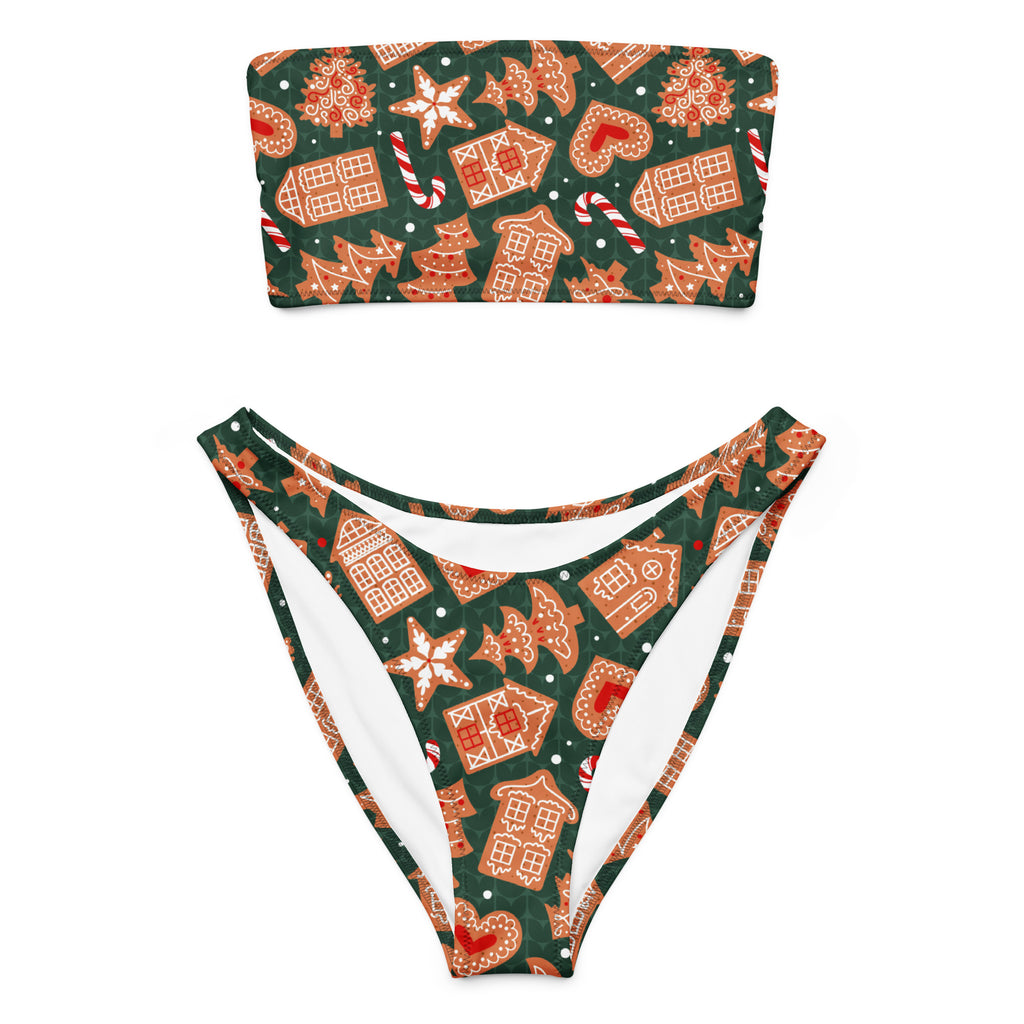 Women's Green Gingerbread Cookies Recycled Bandeau Bikini - Quick Drying Fabric With UPF 50+