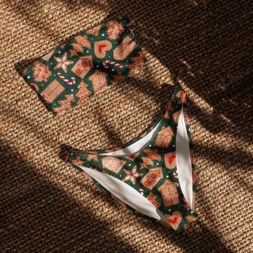 Women's Green Gingerbread Cookies Recycled Bandeau Bikini - Quick Drying Fabric With UPF 50+