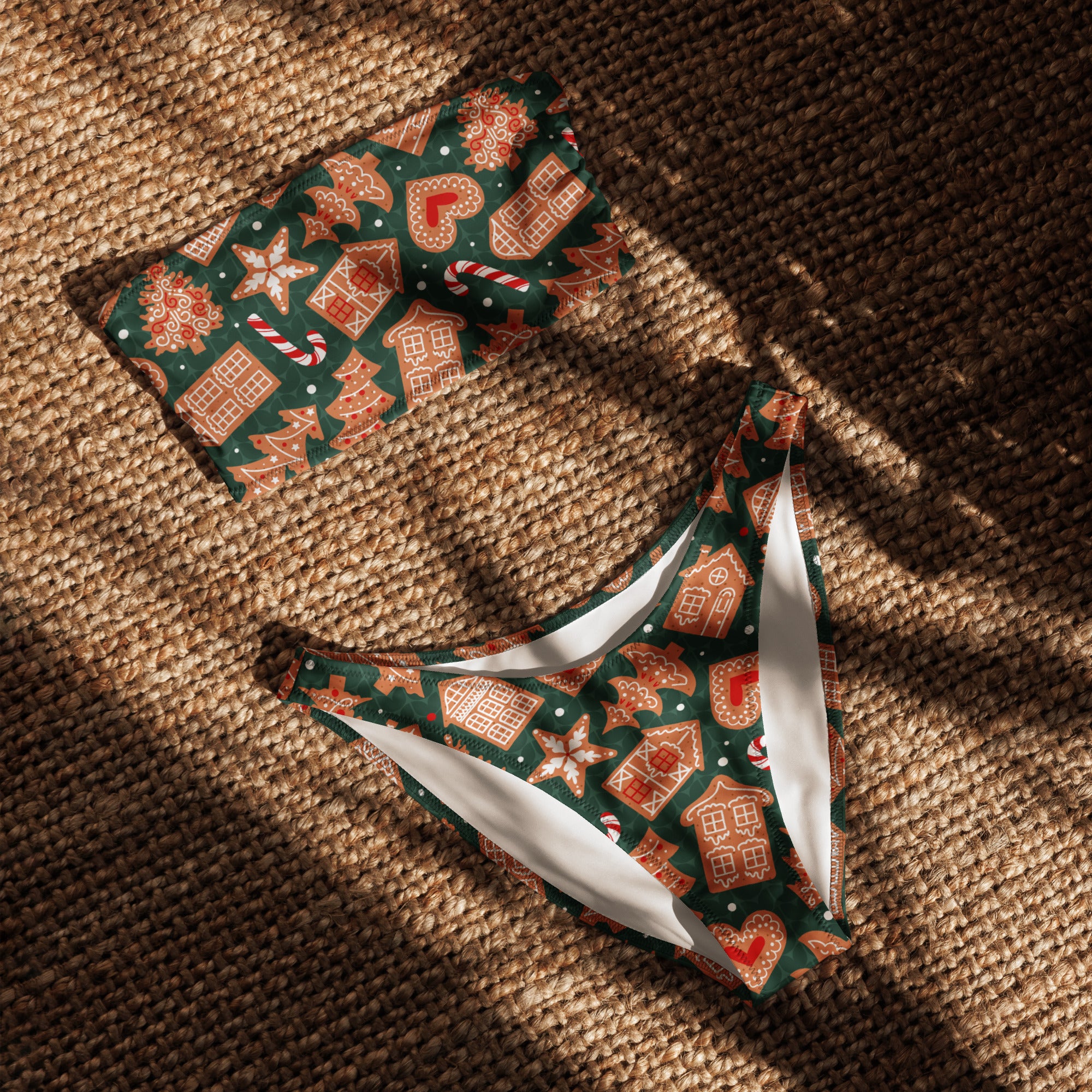 Women's Green Gingerbread Cookies Recycled Bandeau Bikini - Quick Drying Fabric With UPF 50+