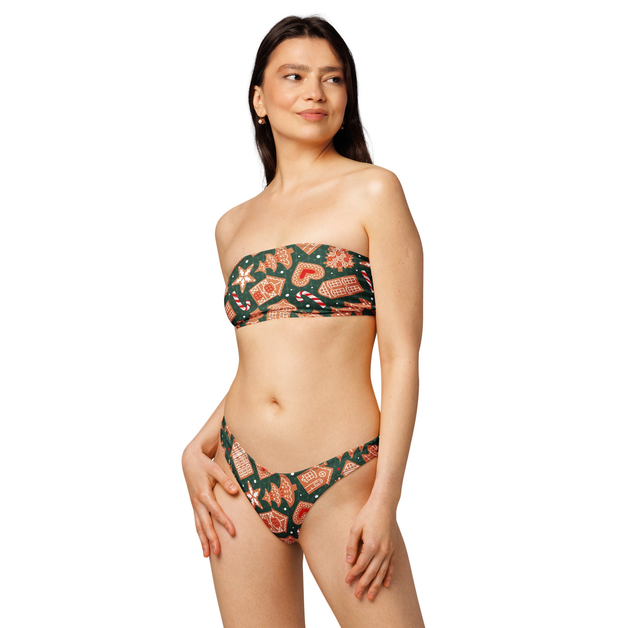 Women's Green Gingerbread Cookies Recycled Bandeau Bikini - Quick Drying Fabric With UPF 50+