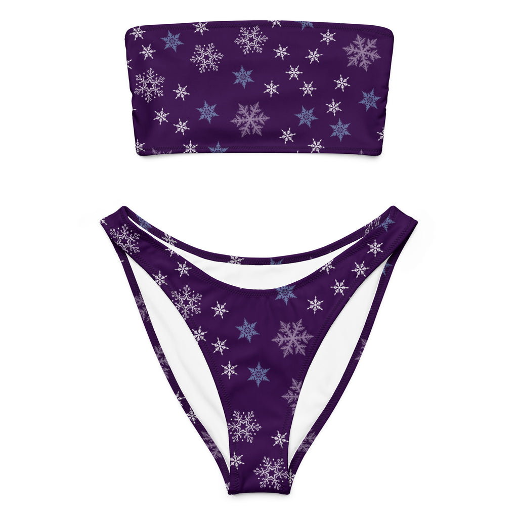 Women’s purple snowflake recycled bandeau bikini set with white and light blue accents quick drying fabric upf 50+