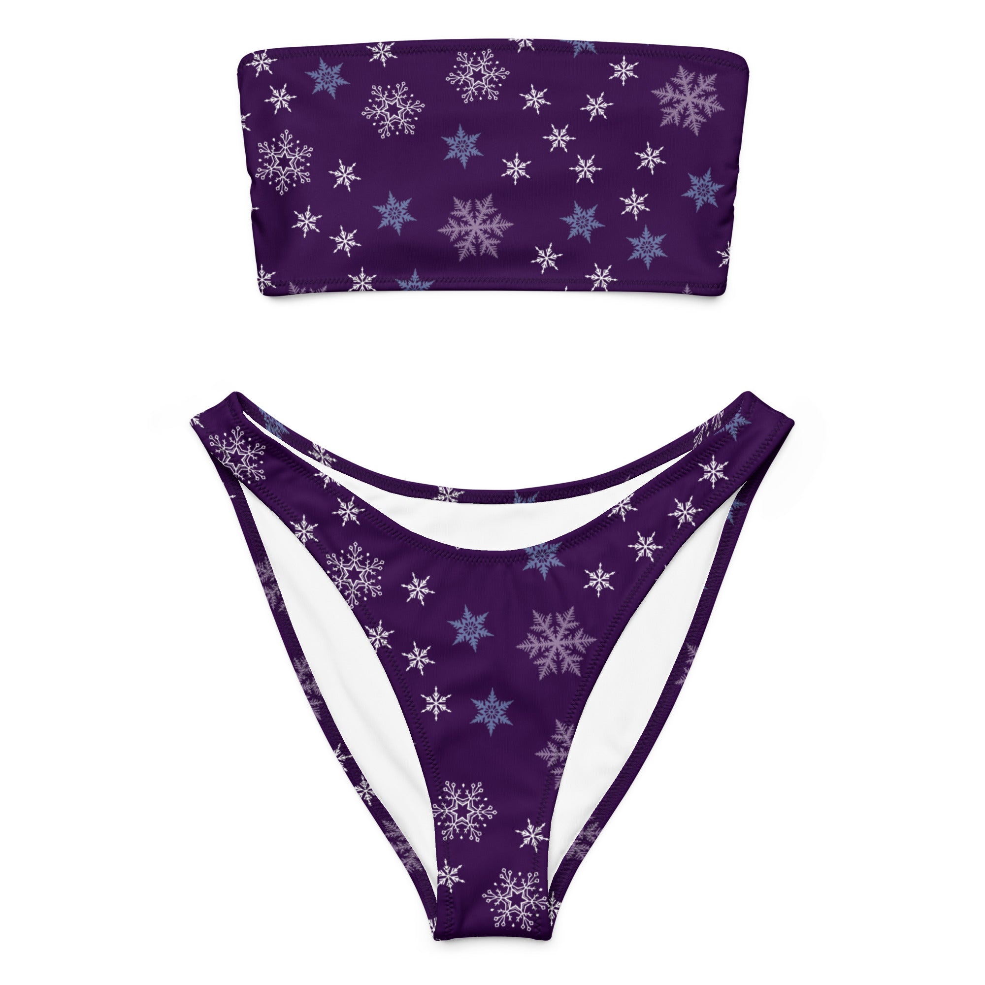 Women’s purple snowflake recycled bandeau bikini set with white and light blue accents quick drying fabric upf 50+