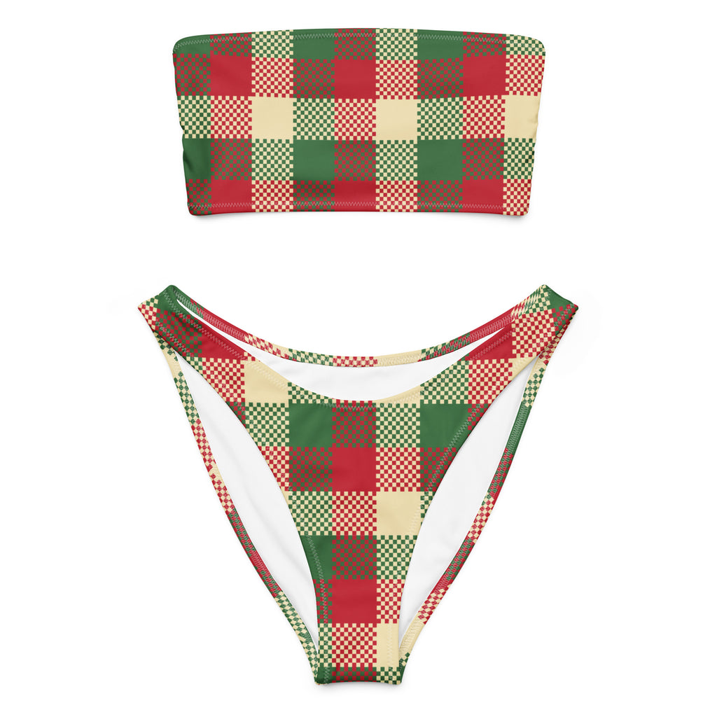 Women’s christmas plaid recycled bandeau bikini set in red green and beige with quick drying fabric and upf 50+ protection