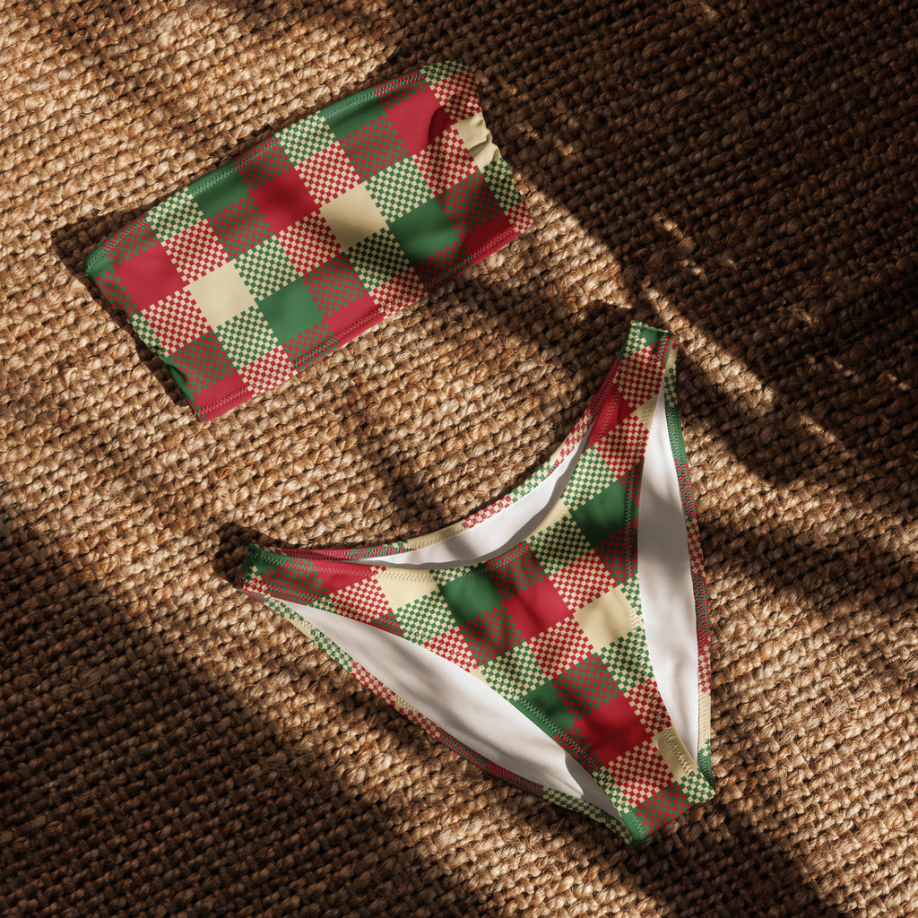 Women’s christmas plaid recycled bandeau bikini set in red green and beige checkered pattern with upf 50+ quick dry fabric