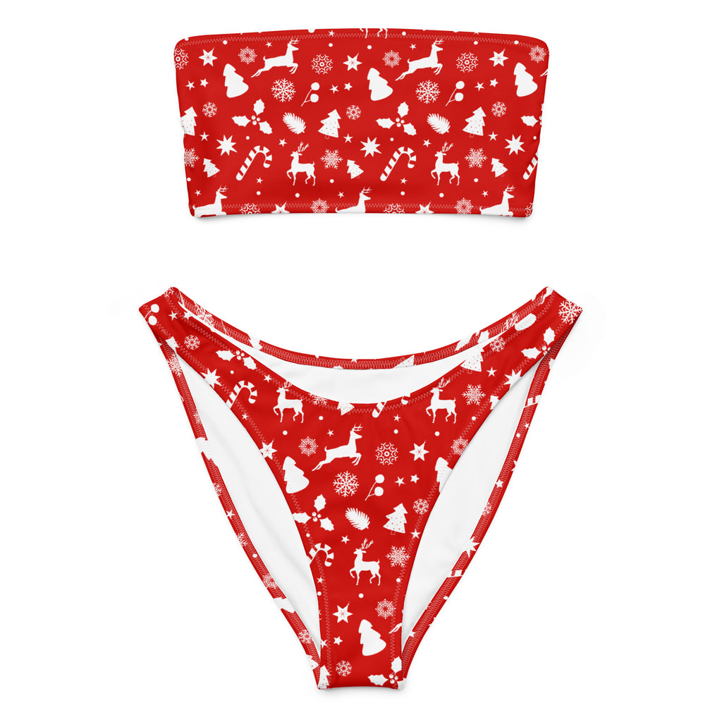 Women’s red christmas recycled bandeau bikini with white reindeer snowflakes candy canes and trees quick drying fabric upf 50+