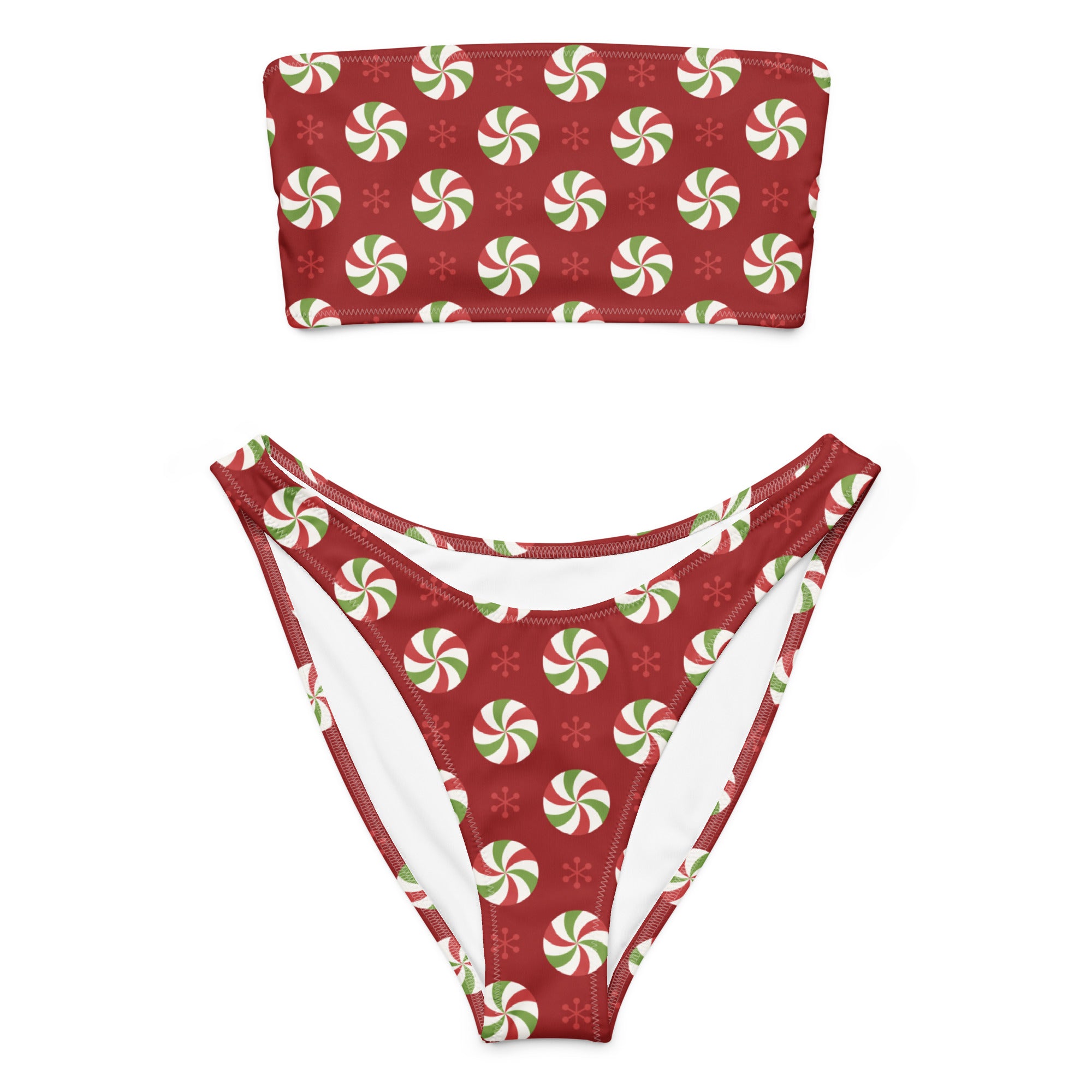 Women’s red peppermint candy recycled bandeau bikini with high-cut bottoms quick drying fabric upf 50 plus