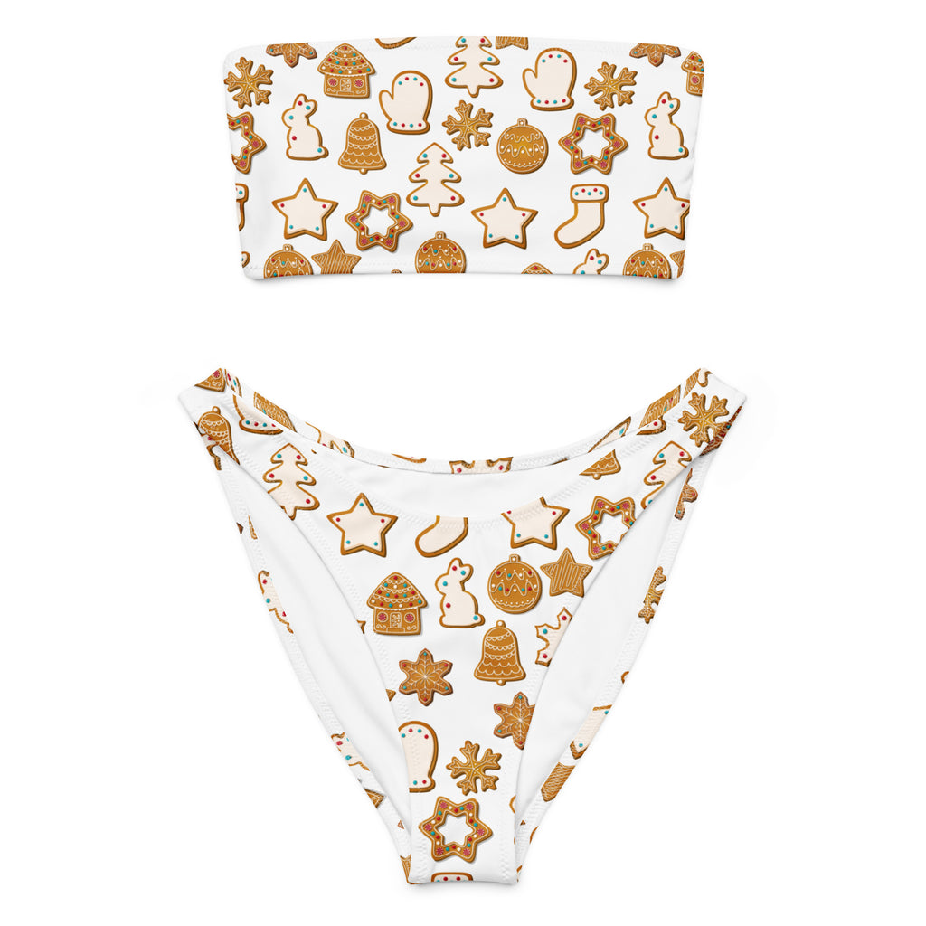 Women’s white gingerbread cookie recycled bandeau bikini with high waisted bottoms in quick drying fabric upf 50+