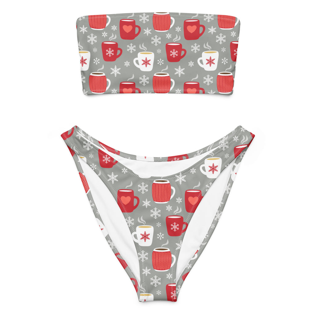 Gray recycled quick drying bandeau bikini with red and white knit mugs and snowflakes pattern and upf 50+ protection