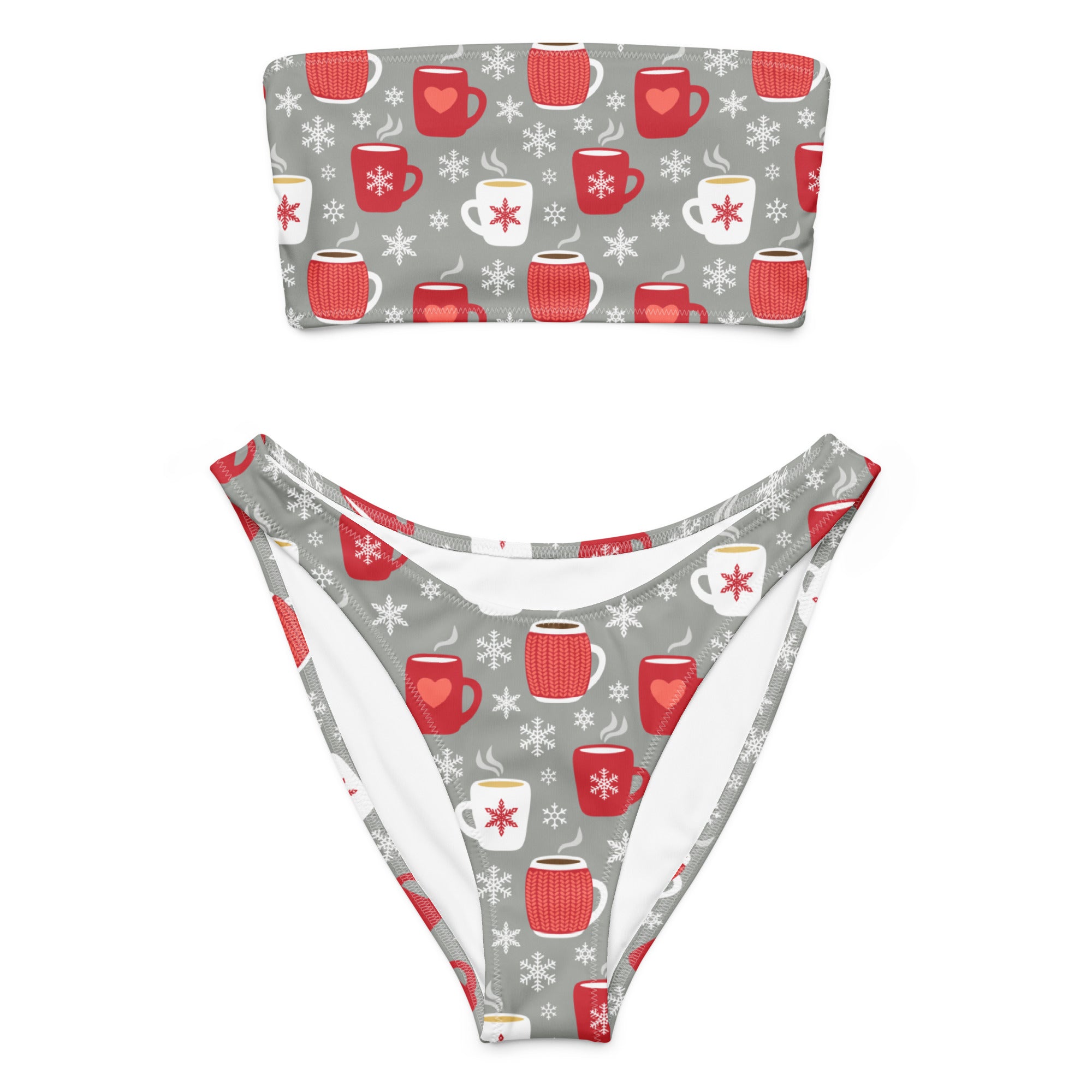 Gray recycled quick drying bandeau bikini with red and white knit mugs and snowflakes pattern and upf 50+ protection