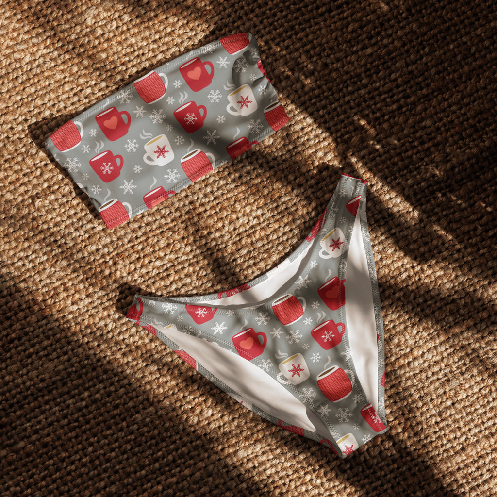 Women’s gray hot cocoa bandeau bikini set with festive red and white mugs pattern quick drying fabric upf 50+
