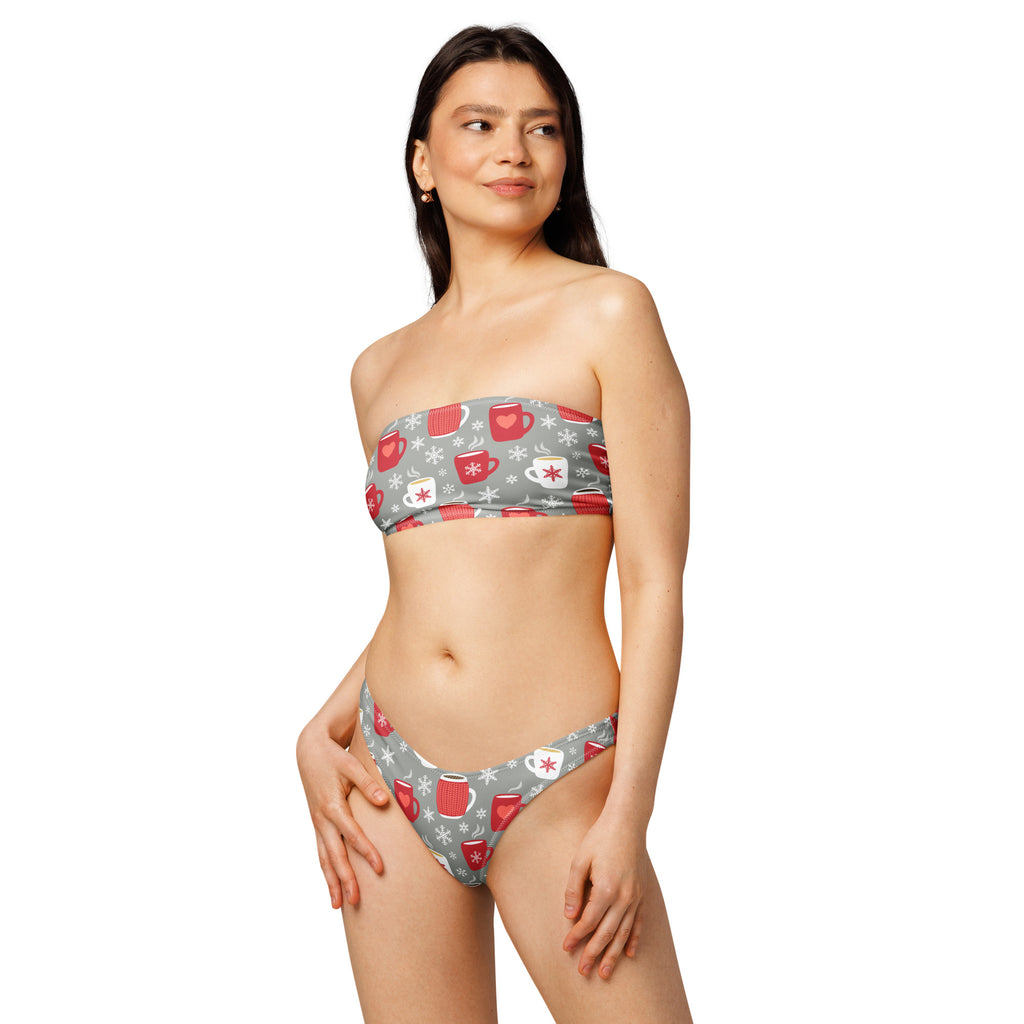 Women’s gray strapless hot cocoa bandeau bikini with red coffee mugs white snowflakes quick drying upf 50+ fabric
