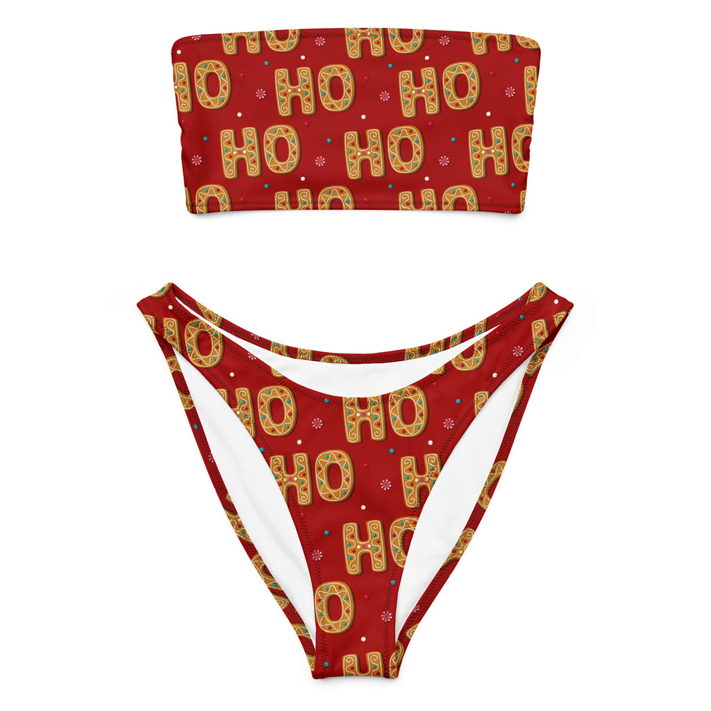 Women’s red and gold ho ho ho cookie-themed bandeau bikini top with white lining quick drying upf 50+ fabric