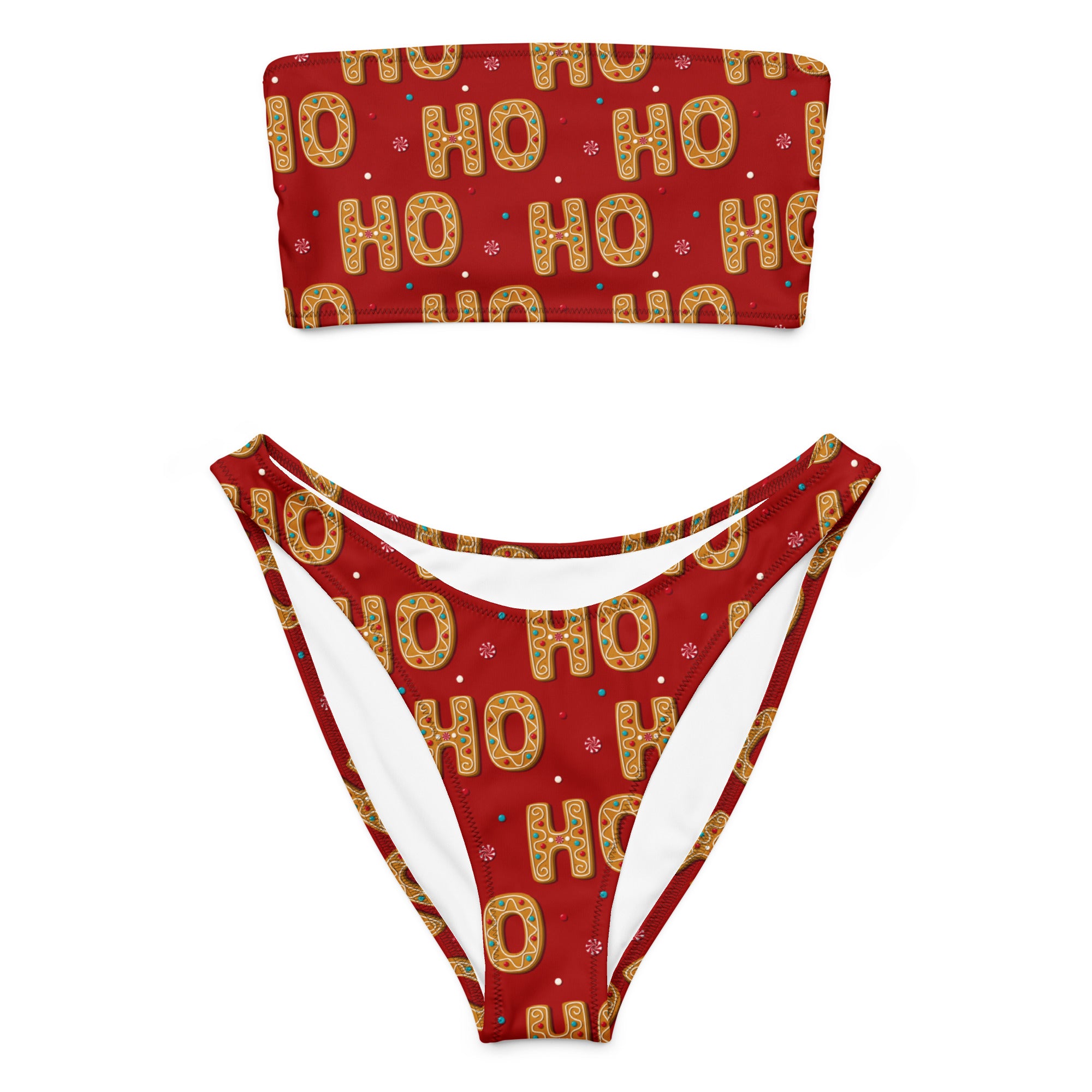 Women’s red and gold ho ho ho cookie-themed bandeau bikini top with white lining quick drying upf 50+ fabric