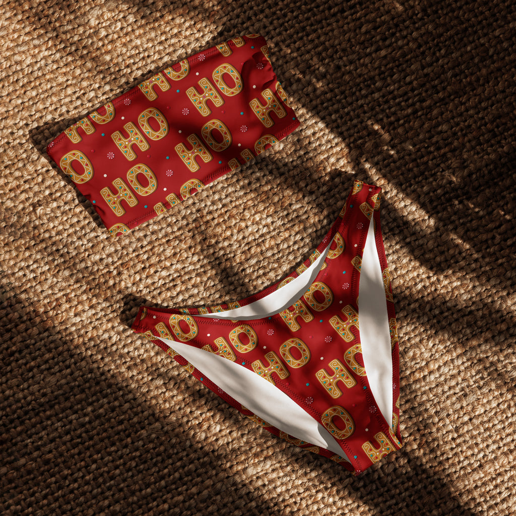 Women’s red ho ho ho christmas bandeau bikini set with gold lettering white lining quick drying fabric upf 50+