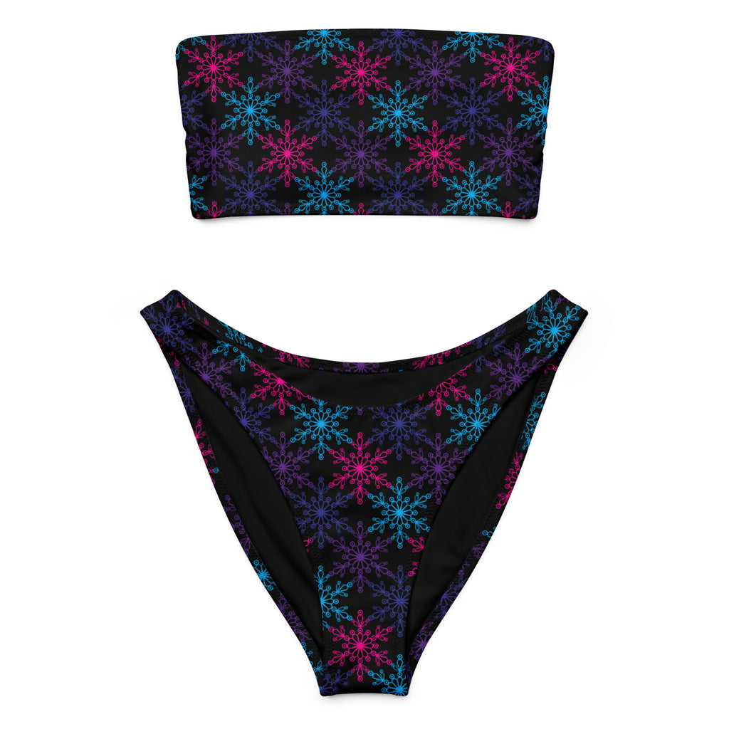 Women’s black neon snowflake recycled bandeau bikini with strapless top high-cut bottoms quick dry fabric upf 50+