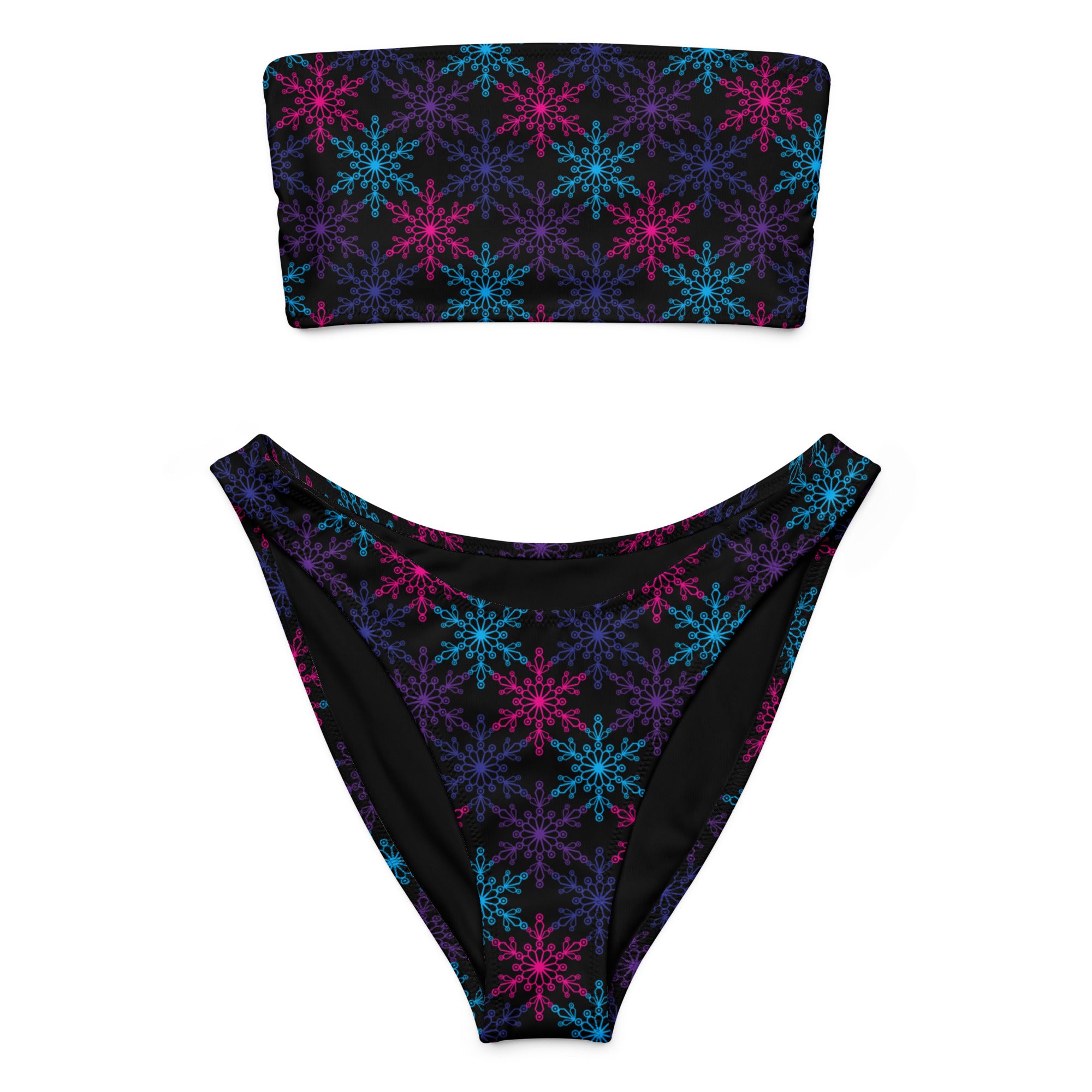 Women’s black neon snowflake recycled bandeau bikini with strapless top high-cut bottoms quick dry fabric upf 50+
