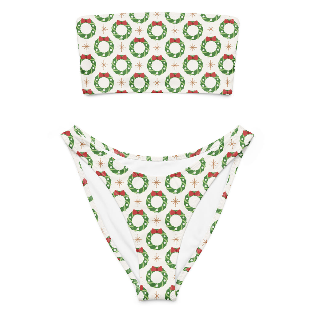 Women's Christmas Wreath Recycled Bandeau Bikini - Quick Drying Fabric With UPF 50+