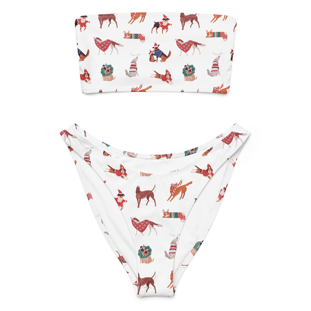 Women's Christmas Dog Recycled Bandeau Bikini - Quick Drying Fabric With UPF 50+