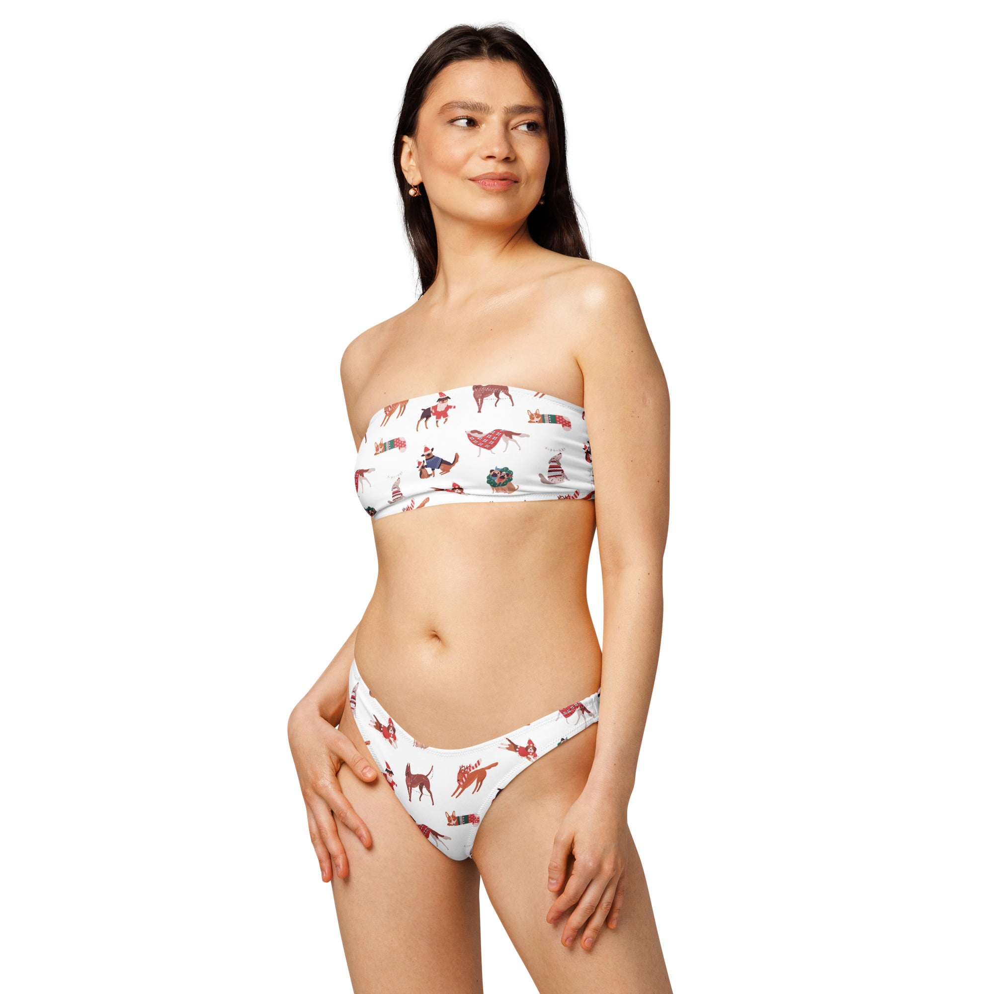 Women's Christmas Dog Recycled Bandeau Bikini - Quick Drying Fabric With UPF 50+