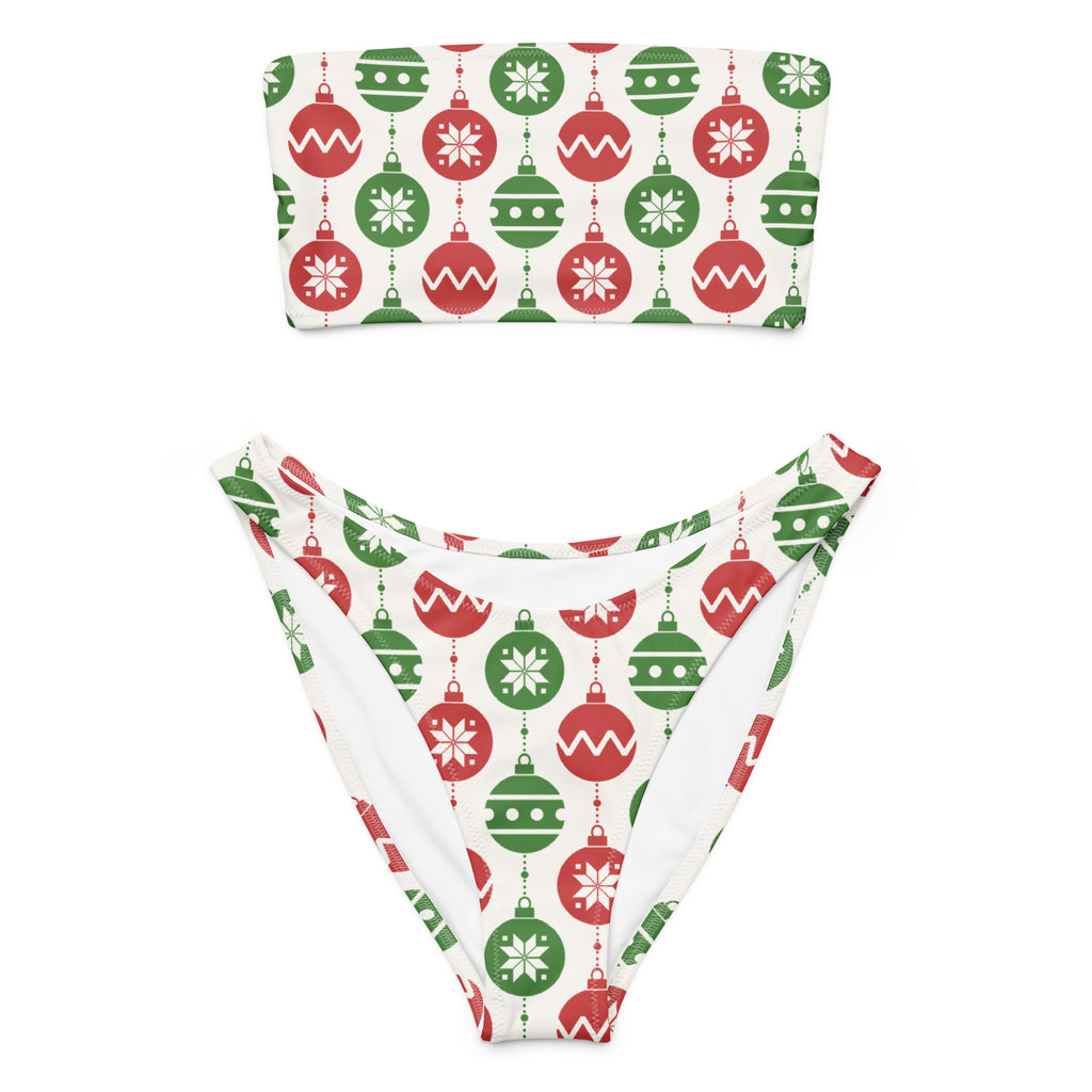 Women’s white recycled bandeau bikini set with festive red and green christmas ornaments and snowflake design
