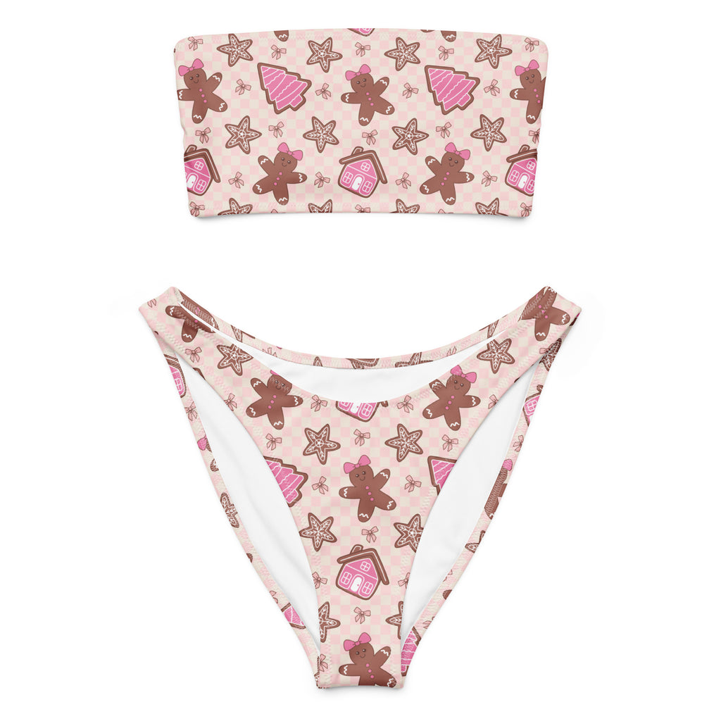 Women pink Christmas gingerbread recycled bandeau bikini top with star house and cookie patterns quick drying fabric