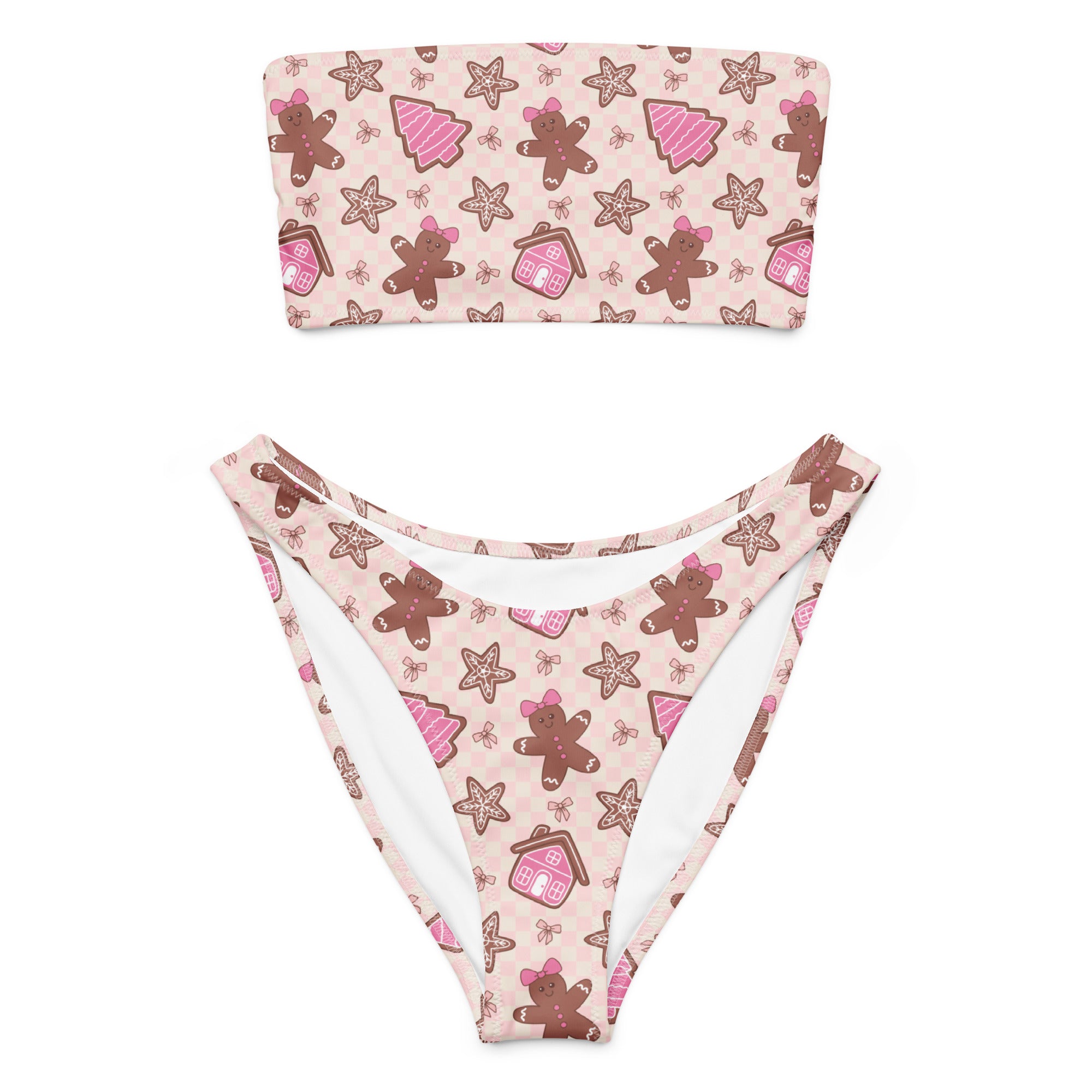 Women pink Christmas gingerbread recycled bandeau bikini top with star house and cookie patterns quick drying fabric