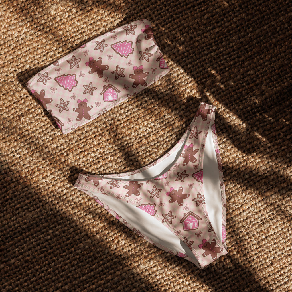 Women’s pink and brown gingerbread recycled bandeau bikini with star and house patterns quick drying fabric upf 50+