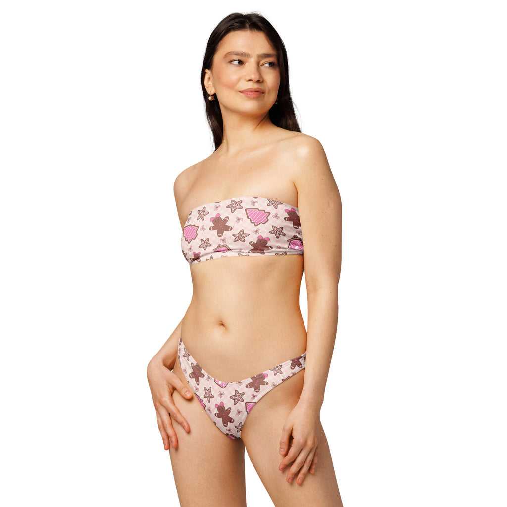 Women’s pink christmas gingerbread recycled strapless bikini set with pink and brown seashell and starfish pattern and upf 50+
