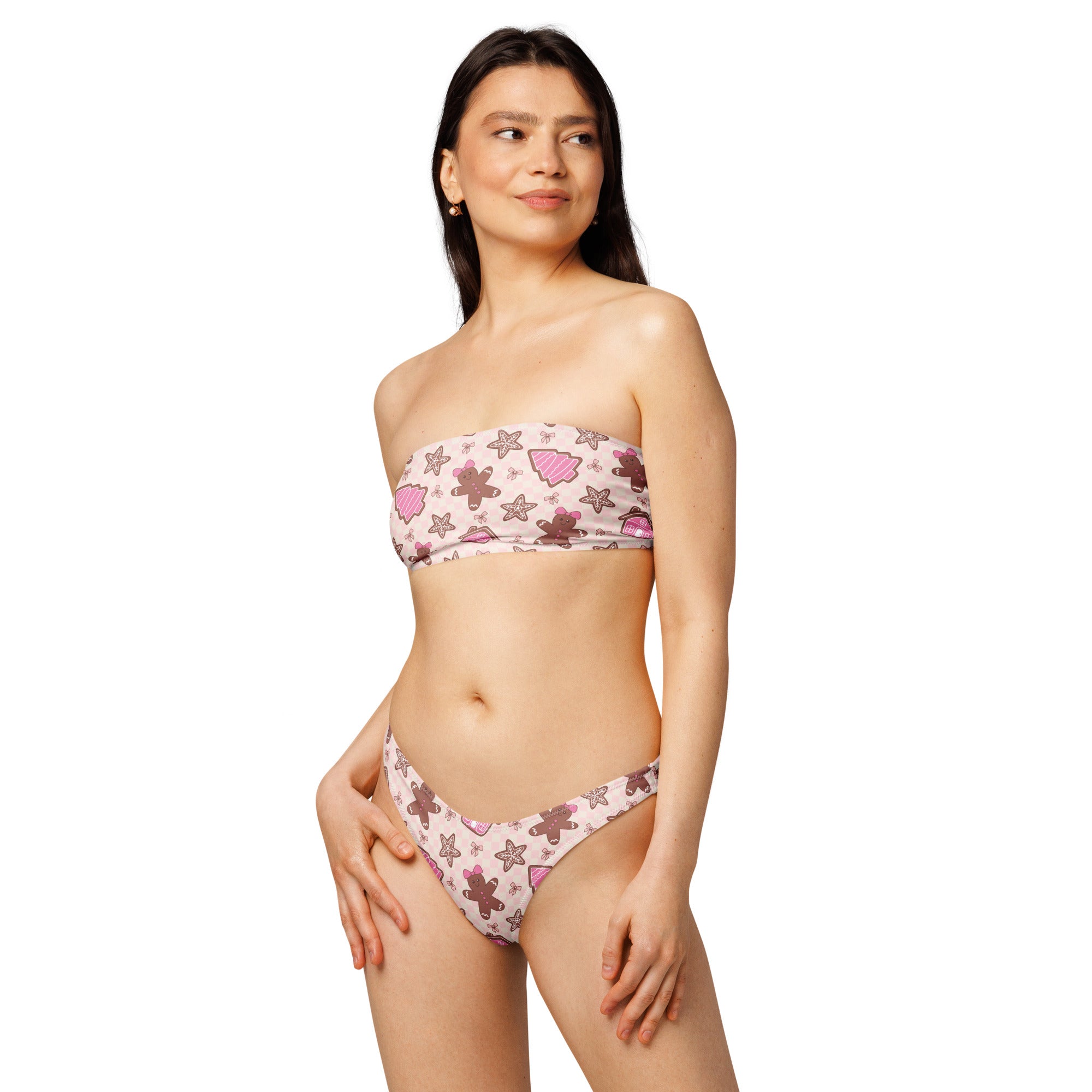 Women's Pink Christmas Gingerbread Recycled Bandeau Bikini - Quick Drying Fabric With UPF 50+