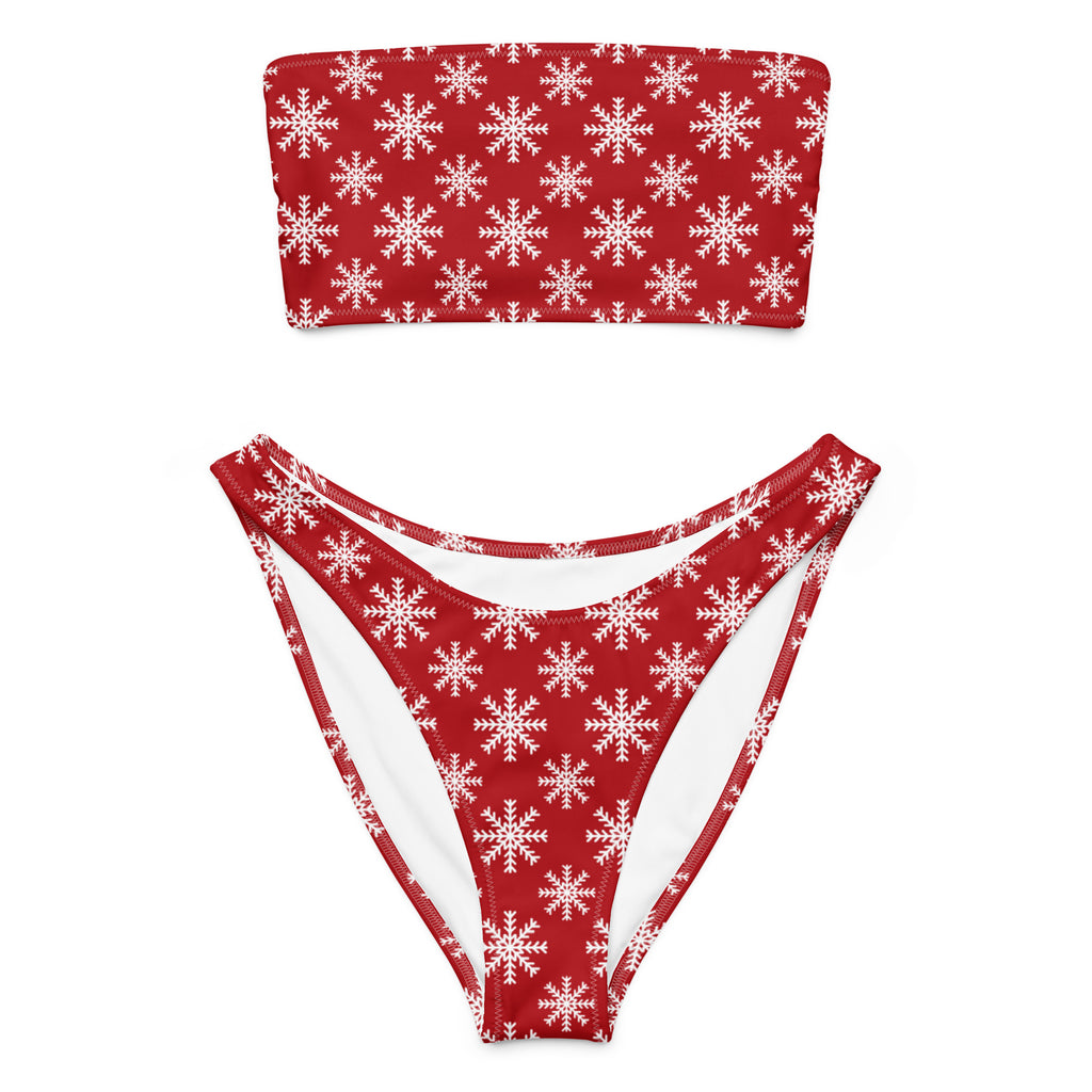 Women's Red Snowflake Christmas Recycled Bandeau Bikini - Quick Drying Fabric With UPF 50+