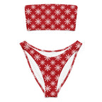 Women's Red Snowflake Christmas Recycled Bandeau Bikini - Quick Drying Fabric With UPF 50+