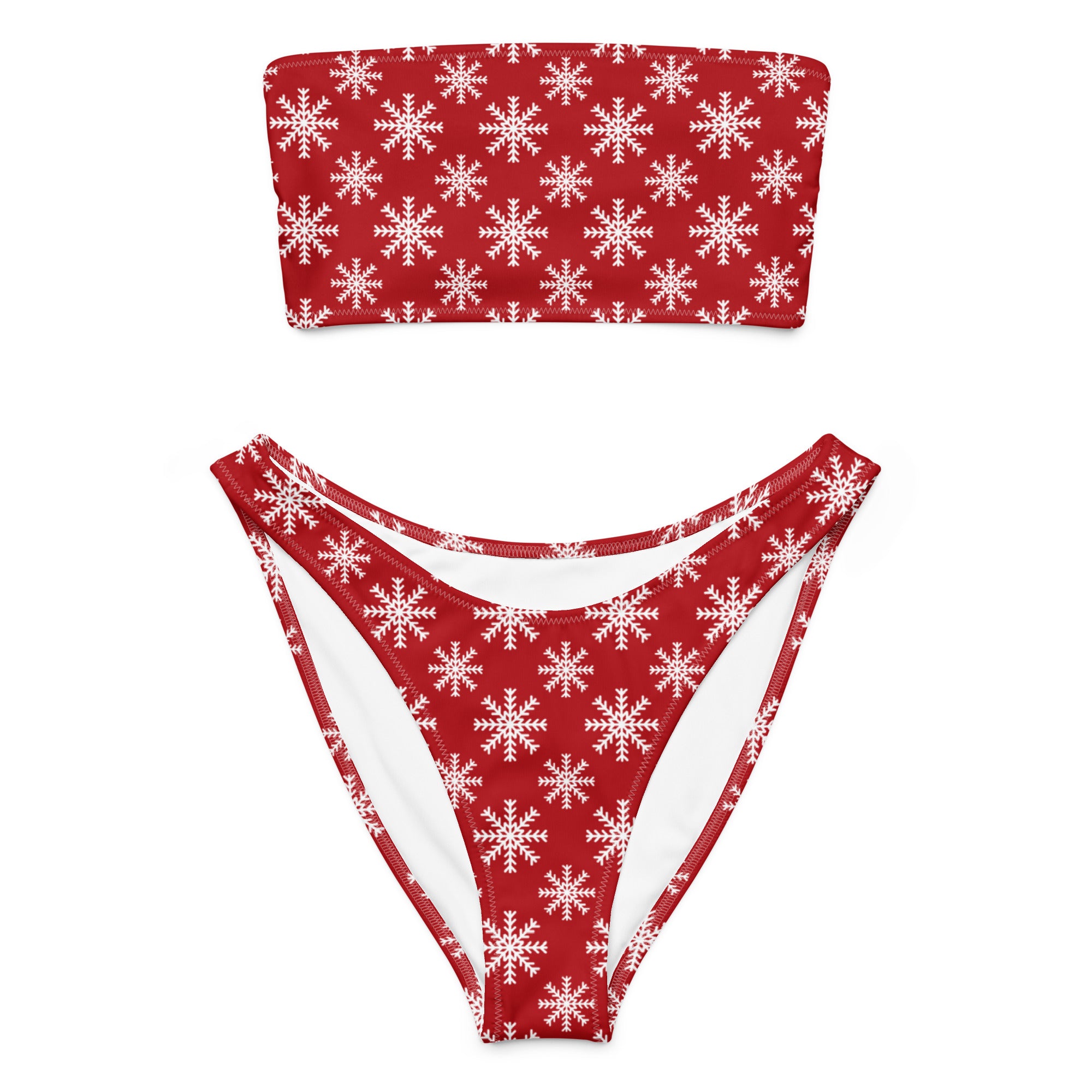 Women's Red Snowflake Christmas Recycled Bandeau Bikini - Quick Drying Fabric With UPF 50+
