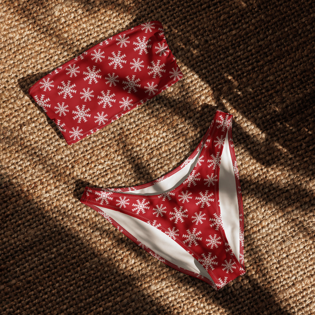 Women's Red Snowflake Christmas Recycled Bandeau Bikini - Quick Drying Fabric With UPF 50+