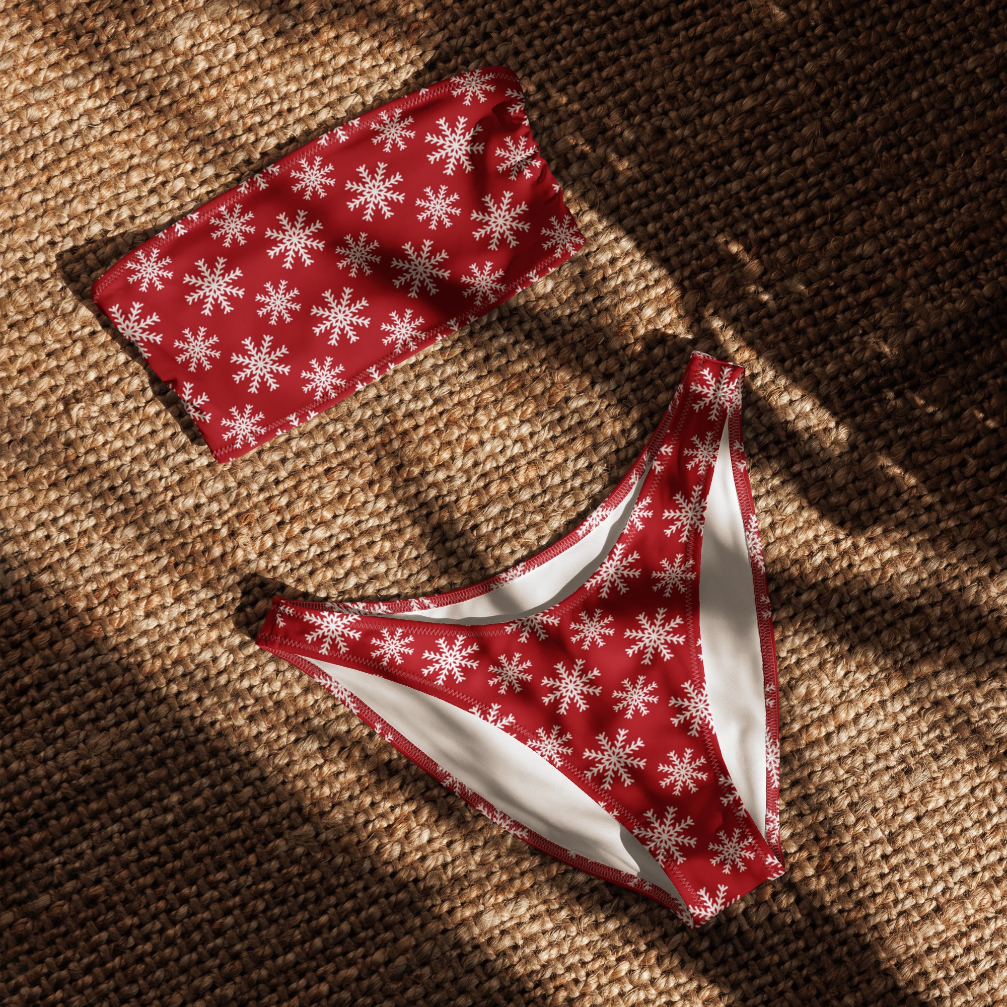 Women's Red Snowflake Christmas Recycled Bandeau Bikini - Quick Drying Fabric With UPF 50+