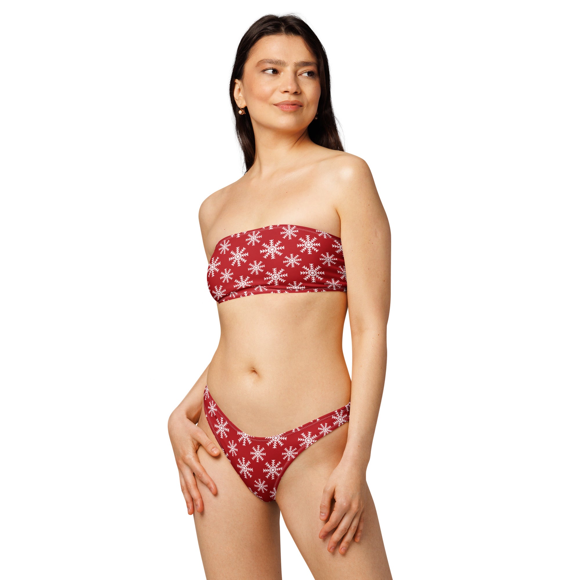 Women's Red Snowflake Christmas Recycled Bandeau Bikini - Quick Drying Fabric With UPF 50+