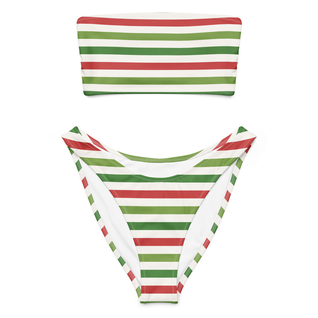 Women's Christmas Striped Recycled Bandeau Bikini - Quick Drying Fabric With UPF 50+