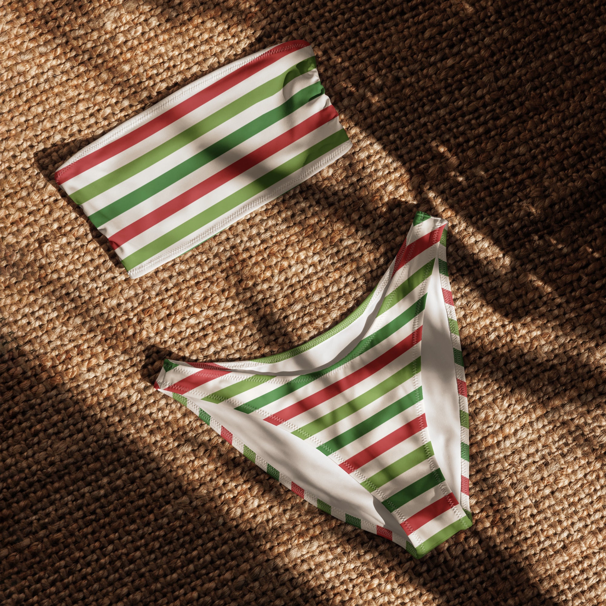 Women's Christmas Striped Recycled Bandeau Bikini - Quick Drying Fabric With UPF 50+