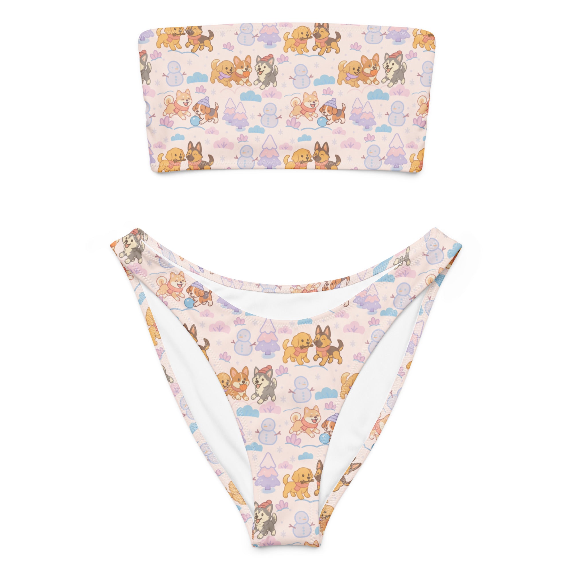 Pastel pink women’s recycled bandeau bikini set with cute Christmas dogs pattern quick drying fabric upf 50+