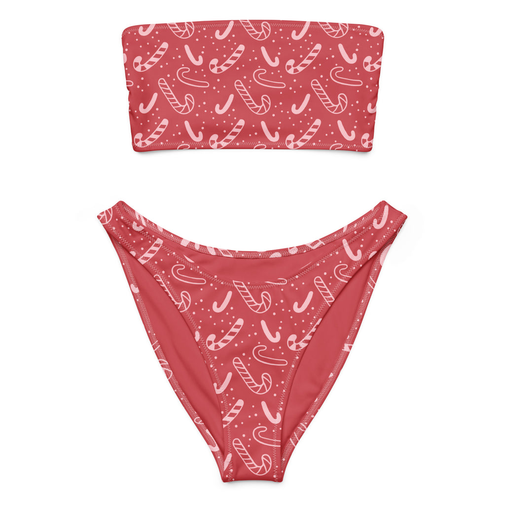 Women’s red candy cane christmas recycled bandeau bikini set with quick drying fabric and upf 50 plus protection