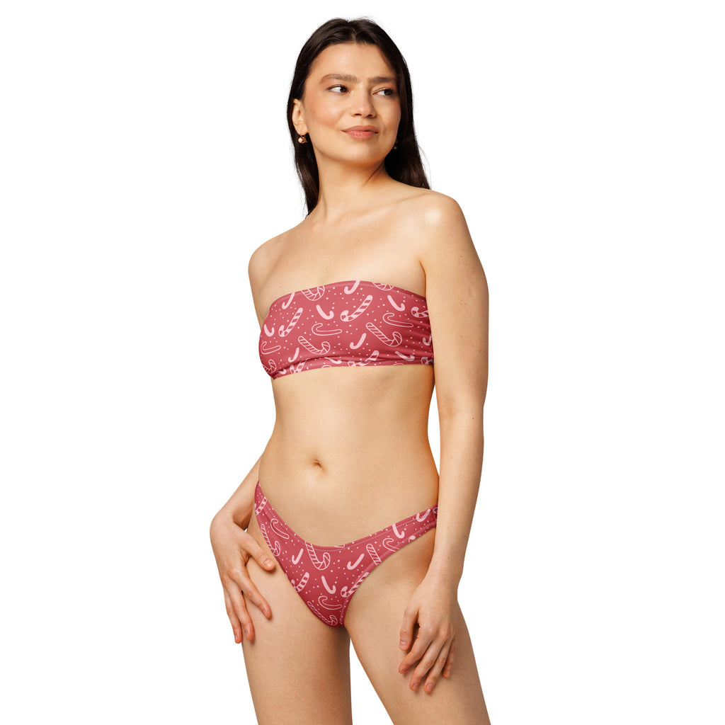 Women’s red candy cane Christmas recycled bandeau bikini with quick drying fabric and UPF 50 plus protection