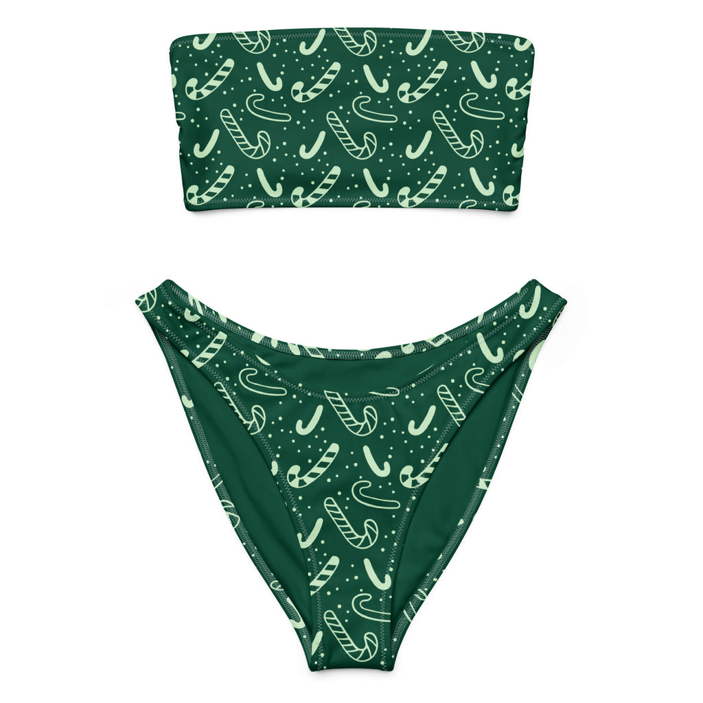 Women's Green Candy Cane Christmas Recycled Bandeau Bikini - Quick Drying Fabric With UPF 50+